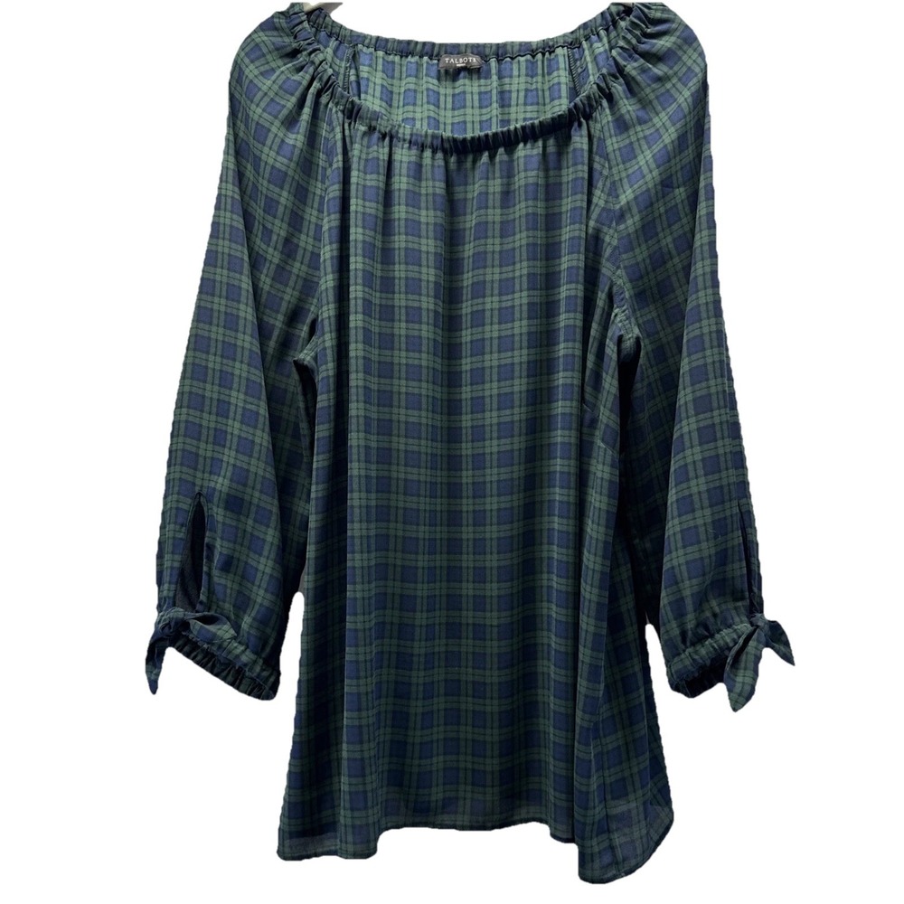 Talbots Womens Semi Sheer Top Sz XL Blue Green Plaid 3/4 Raglan Sleeves Pullover